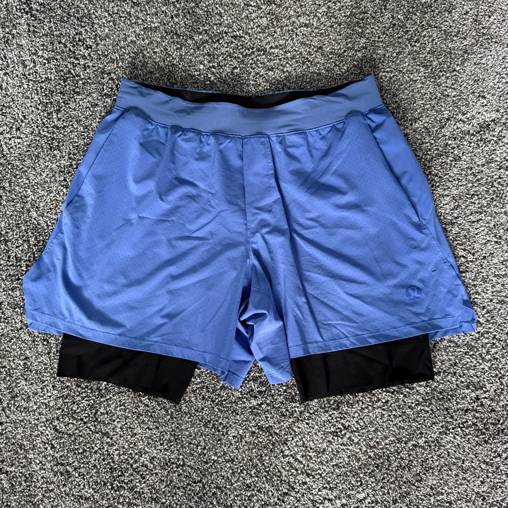 Lululemon Athletica ventilated Tennis Blue Shorts with Black Underlayer